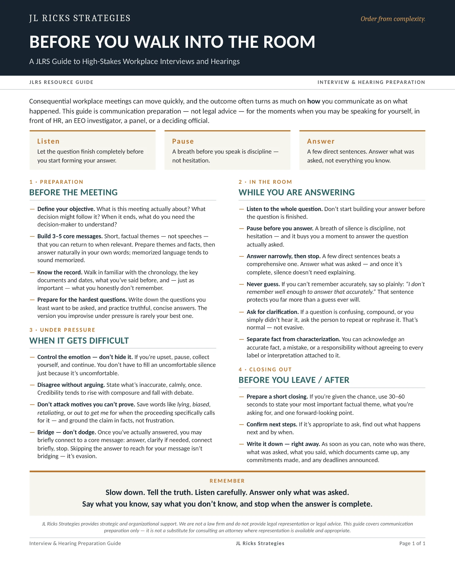 One-page JLRS Interview & Hearing Preparation Guide — full document preview